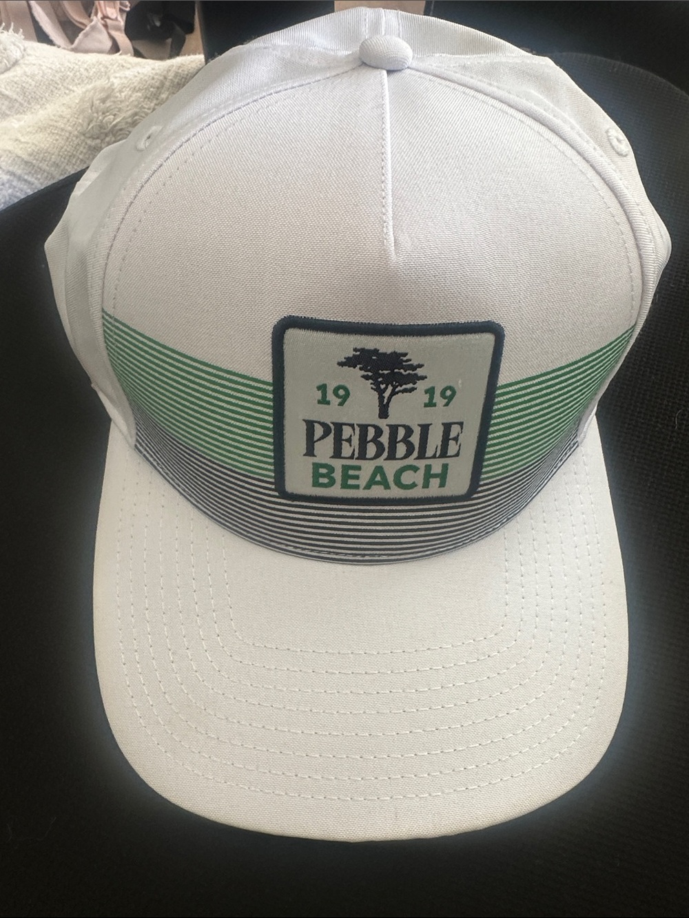 Pebble Beach White Cap with Green & Navy Stripe Logo
